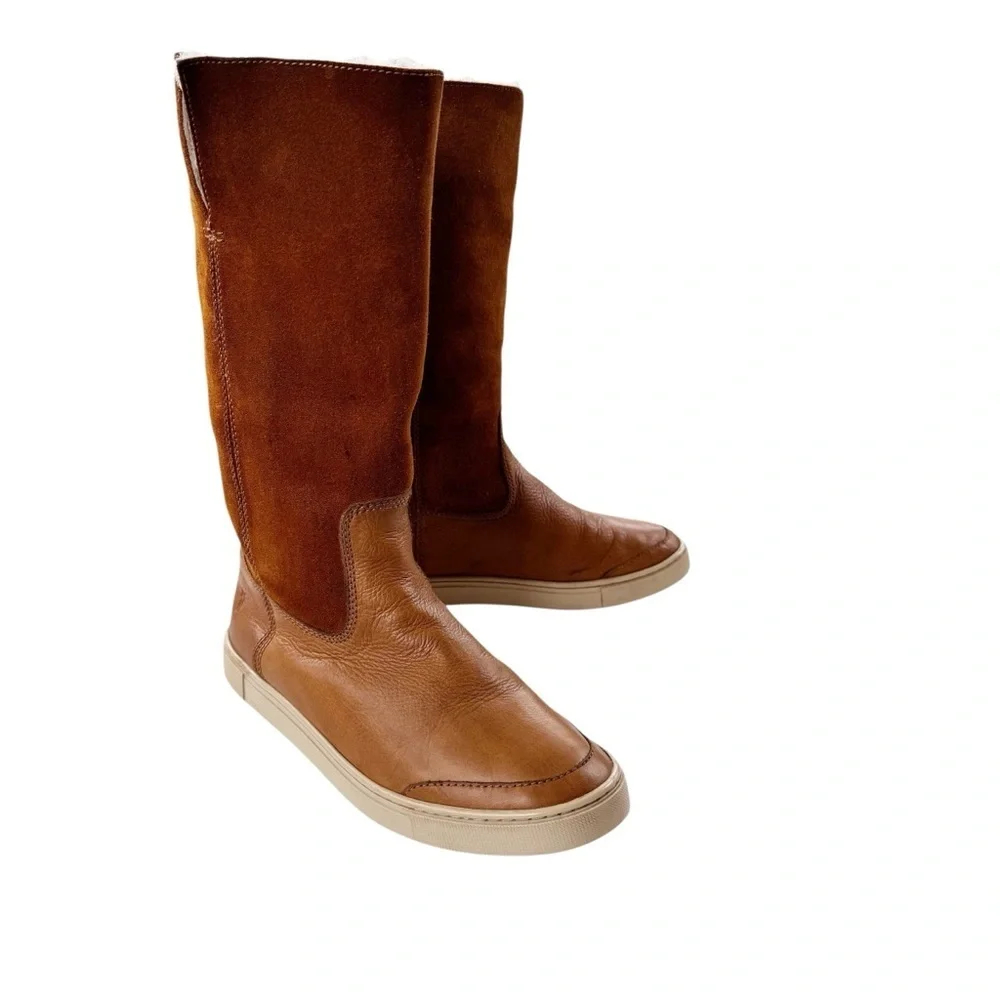 Frye Gemma Tall Shearling Boots Suede and Leather Cognac Size 8.5